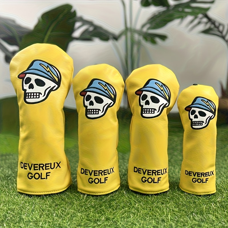 Golf Clubs - เคสป้องกันไม้กอล์ฟสีเหลือง ดีไซน์ลายหัวกะโหลกและหมวก ป้องกันไม้กอล์ฟได้ดียิ่งขึ้น อุปกรณ์เสริมสำหรับกอล์ฟ วัสดุ PU